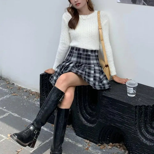 Load image into Gallery viewer, Korean Style Women's Black Plaid High Waist Corduroy Pleated Short Skirt Autumn Winter Ladies Retro Red Elegant Sexy Mini Skirts
