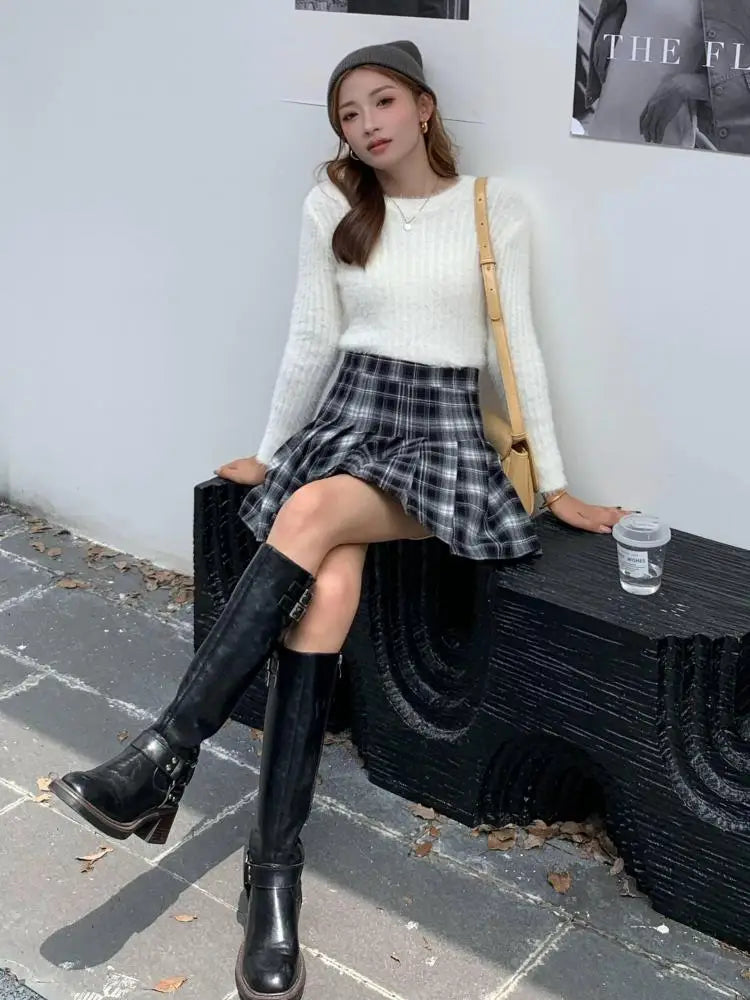 Korean Style Women's Black Plaid High Waist Corduroy Pleated Short Skirt Autumn Winter Ladies Retro Red Elegant Sexy Mini Skirts