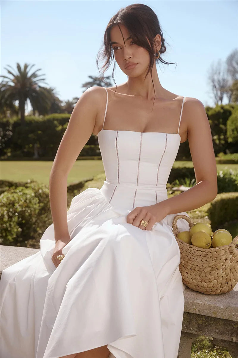 Elegant White Sundress Spaghetti Strap Backless Midi Dress For Women Fashion Sleeveless A-line Loose Long Dress New