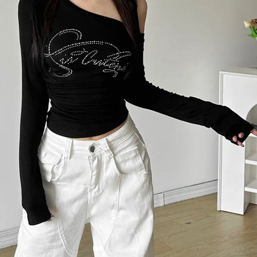 Load image into Gallery viewer, 2025 Harajuku Letter Diamond Vintage T-shirt Women Slash Neck Y2k Aesthetic Grunge Crop Tees Streetwear Slim Fit Autumn Tshirts
