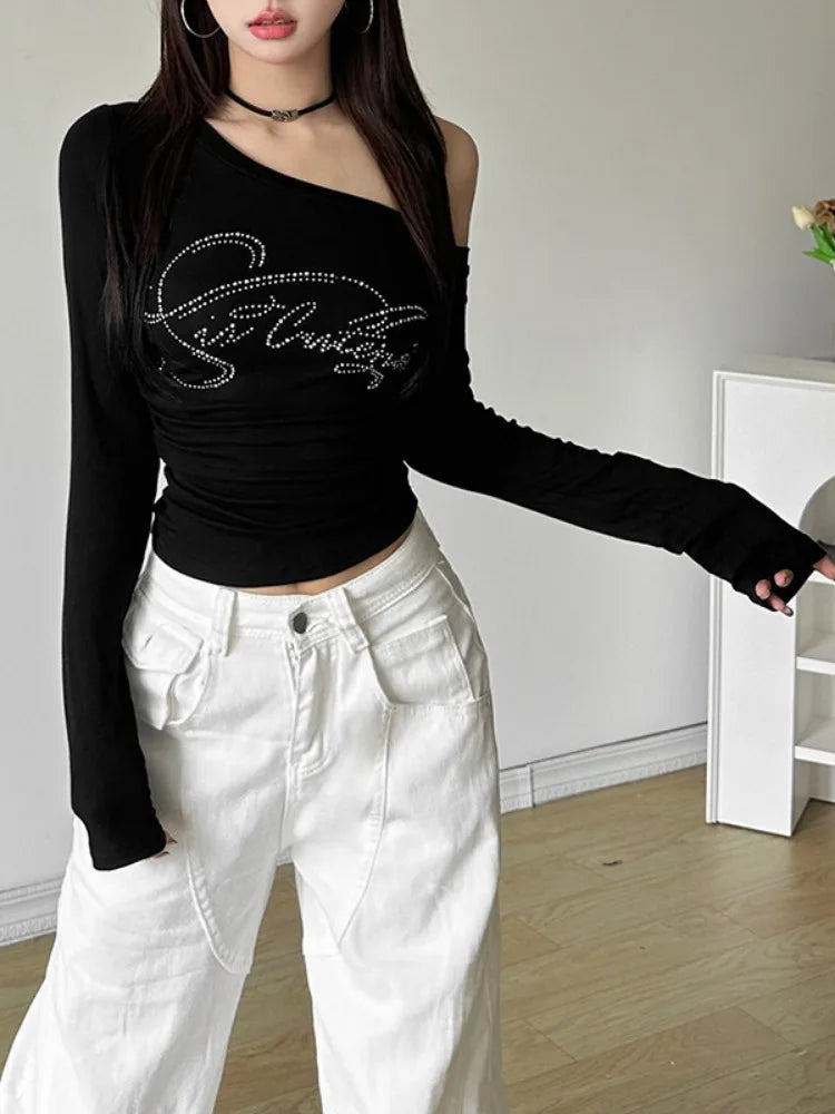 2025 Harajuku Letter Diamond Vintage T-shirt Women Slash Neck Y2k Aesthetic Grunge Crop Tees Streetwear Slim Fit Autumn Tshirts