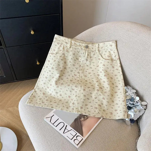 Load image into Gallery viewer, Korean Spring Summer New Vintage Sweet High Waist Fashion Denim A-line Short Pencil Skirt Women Flower Wrapped Hip Mini Skirts
