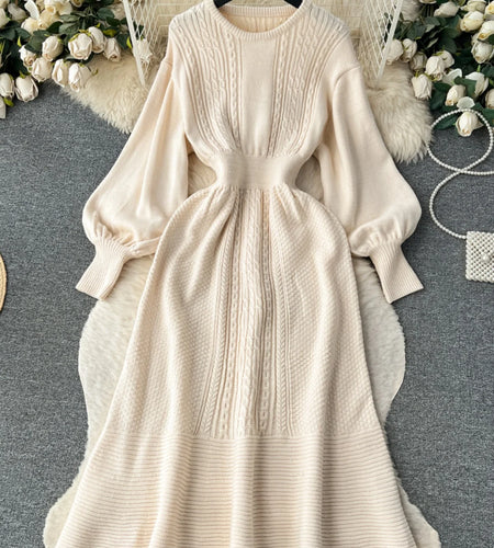 French Vintage Autumn Winter Black Beige Elegant Long Sleeve Vacation Knit Dress Women Khaki Round Neck High Waist Office Dress