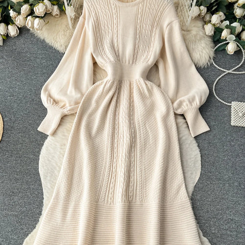 Load image into Gallery viewer, French Vintage Autumn Winter Black Beige Elegant Long Sleeve Vacation Knit Dress Women Khaki Round Neck High Waist Office Dress
