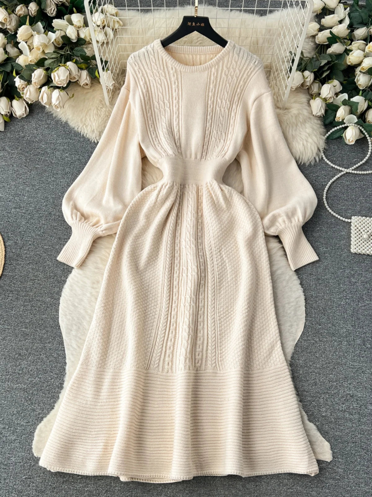 French Vintage Autumn Winter Black Beige Elegant Long Sleeve Vacation Knit Dress Women Khaki Round Neck High Waist Office Dress
