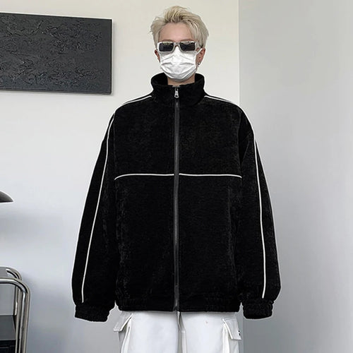 Load image into Gallery viewer, American Style Men&#39;s Jackets Loose Stand Collar Vertical Stripe Contrast Color Tops Zippers Casual Male Coat Trendy 9C6596
