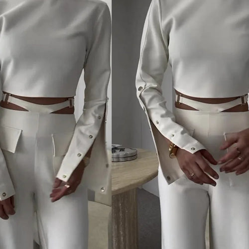 Load image into Gallery viewer, Fashion Button Long Pants Women Set New Stand Up Neck Long Sleeved Set Spicy Girl Strap Casual Set Street Two Piece Set
