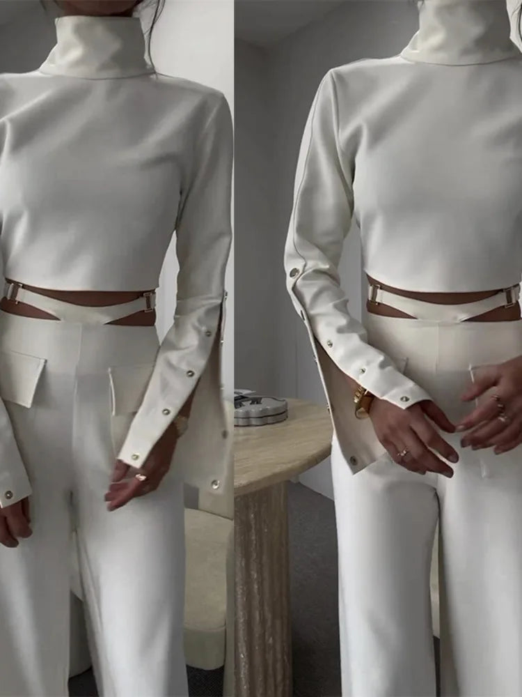 Fashion Button Long Pants Women Set New Stand Up Neck Long Sleeved Set Spicy Girl Strap Casual Set Street Two Piece Set