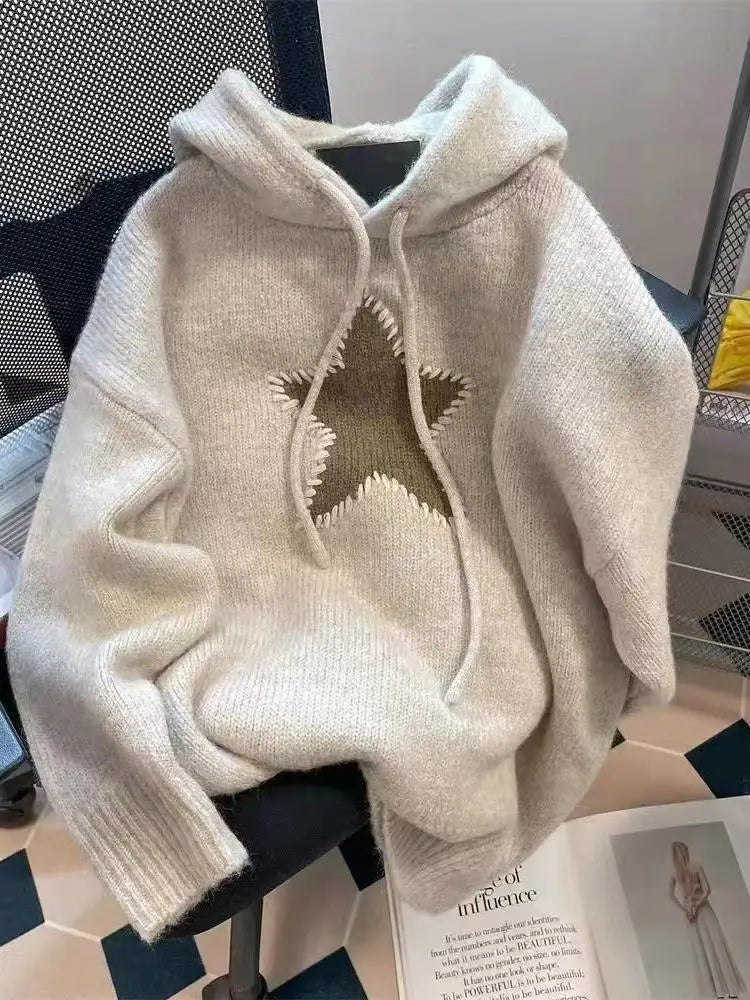 Korean Version Beige Gray Patchwork Drawstring Hoodie Sweater For Women Autumn Winter Thick Long Sleeved Knitted Pullover Tops