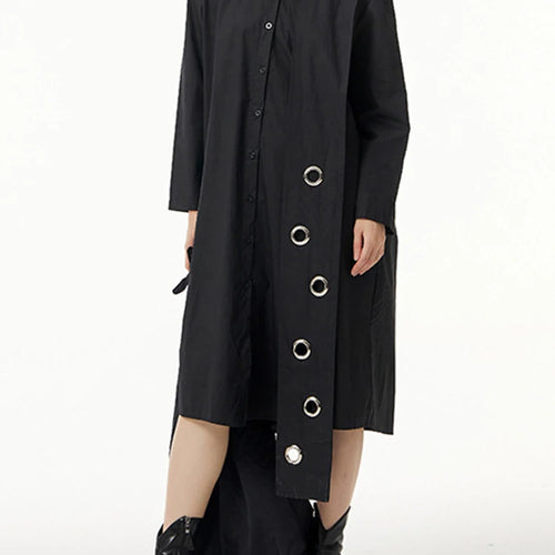 Load image into Gallery viewer, Women Black Metal Circle Irregular Hem Big Size Shirt Dress New Lapel Long Sleeve Fashion Tide Spring Autumn 2025 1DJ0883
