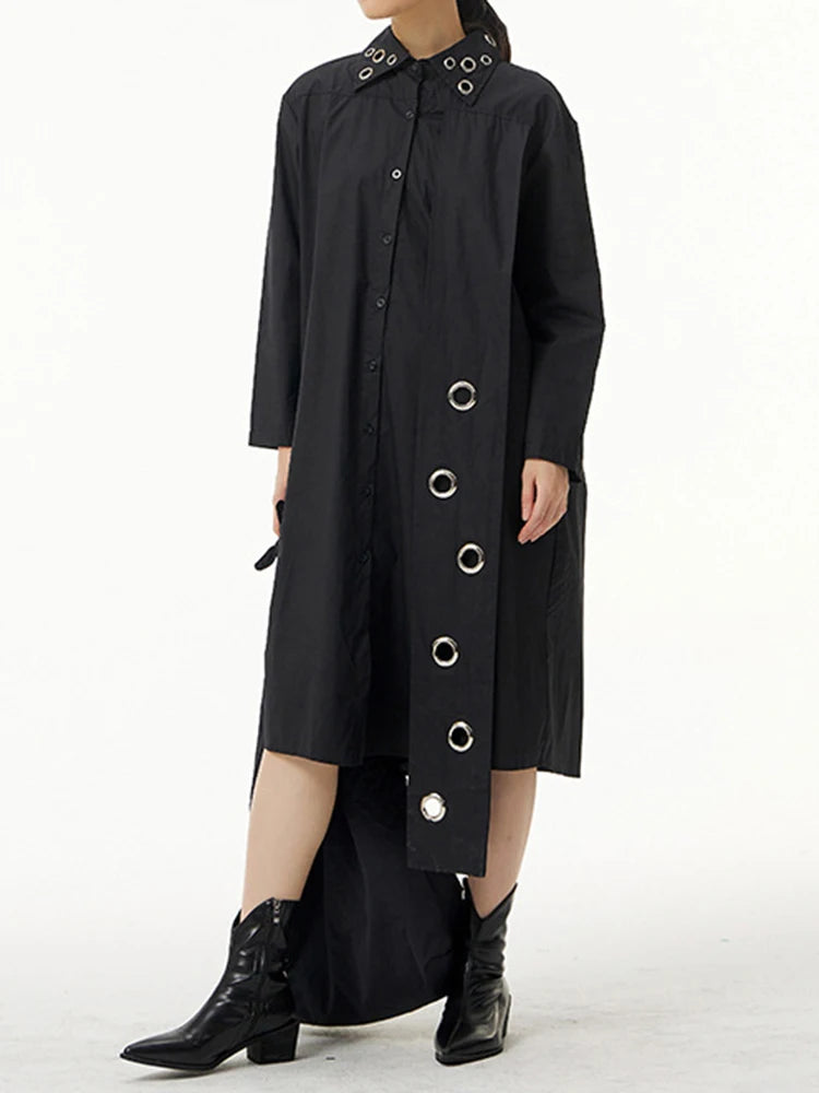 Women Black Metal Circle Irregular Hem Big Size Shirt Dress New Lapel Long Sleeve Fashion Tide Spring Autumn 2025 1DJ0883