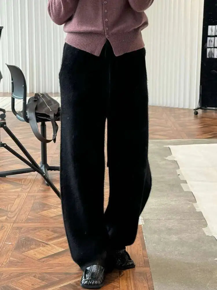 High Elastic Waist Beige 36% Wool Long Knitting Wide Leg Pants New Trousers Women Fashion Tide Autumn Winter 2025 1DH8230