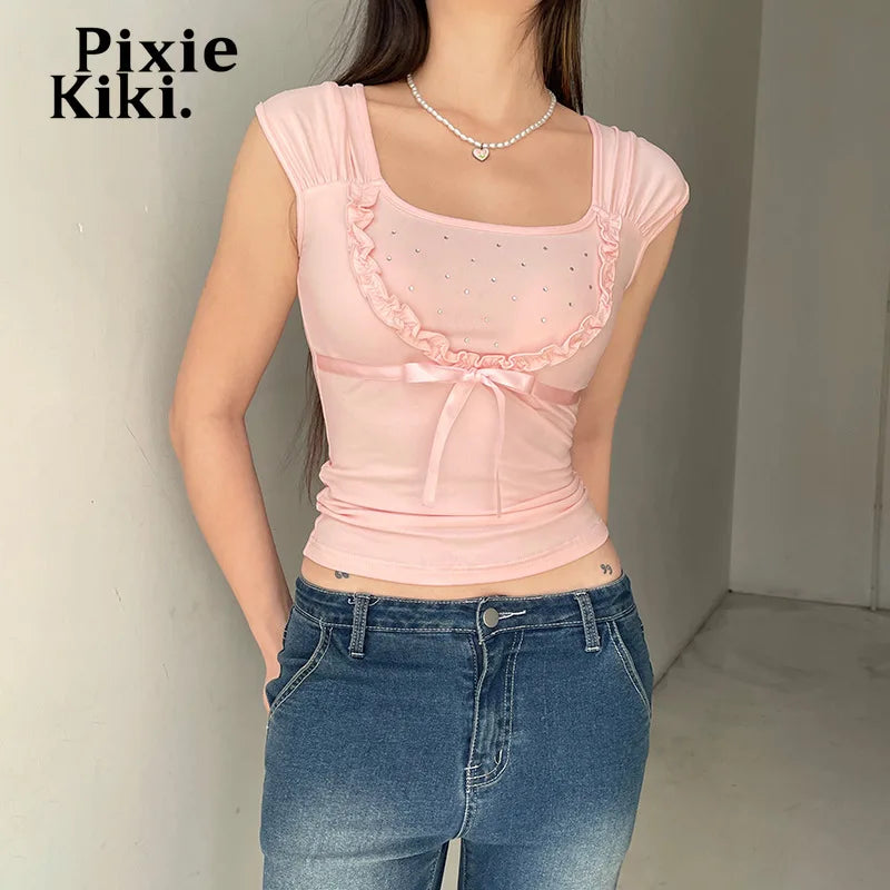 Rhinestone Crop Top Y2k Coquette Baby Pink Bow Ruffle Sleeveless T Shirts for Women Clothes Summer 2024 P84-BC10