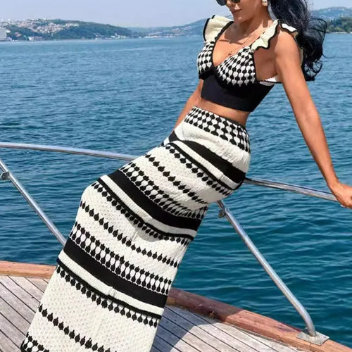 Load image into Gallery viewer, Striped Knit Two Piece Sets Women V Neck Sleeveless Crop Tops And Maxi Skirt Matching Sets Ladies Knit Skirt Sets
