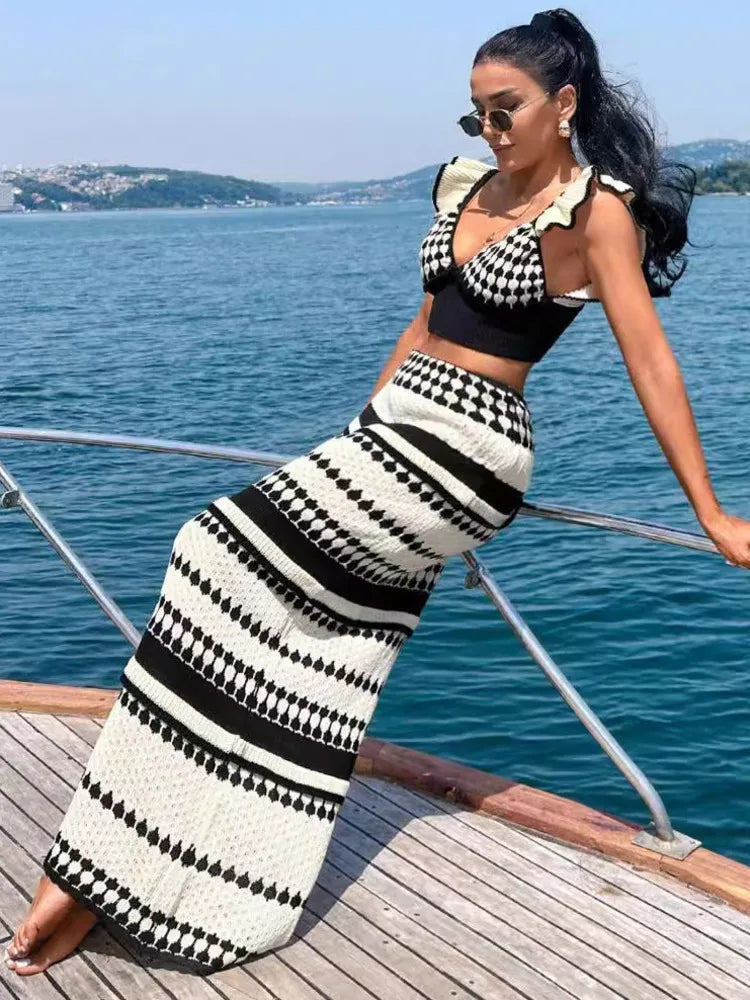 Striped Knit Two Piece Sets Women V Neck Sleeveless Crop Tops And Maxi Skirt Matching Sets Ladies Knit Skirt Sets