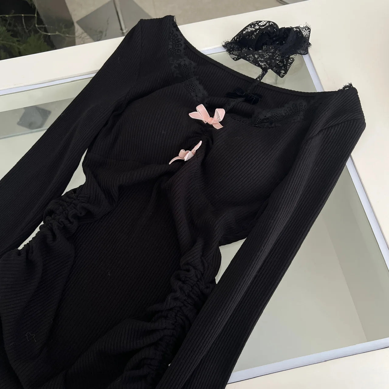 French Vintage Women Black Patchwork Lace Bow Halter Knit Short Dress Autumn Long Sleeve Drawstring Lace-up Pleated Party Dress