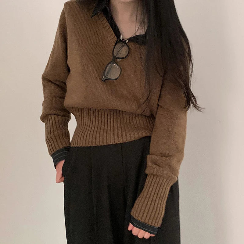 Casual Brown Basic Autumn Sweater Women Knitwear Korean Fashion Solid Pullover Harajuku Jumpers All-Match Preppy Cute