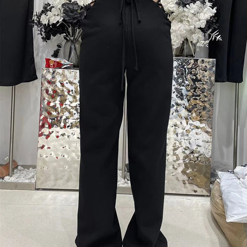 Load image into Gallery viewer, Black Cut Out Wide Leg Pants For Women High Waist Bandage Solid Minimalist Trousers Female Spring Clothes Style
