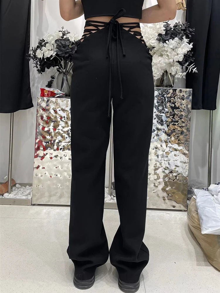 Black Cut Out Wide Leg Pants For Women High Waist Bandage Solid Minimalist Trousers Female Spring Clothes Style