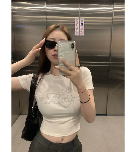 Ropa Mujer Bottoms White Tshirts for Women Diamond Letter Summer Tees Crop Tops Y2k Clothes Casual Fashion T-shirts 49B061