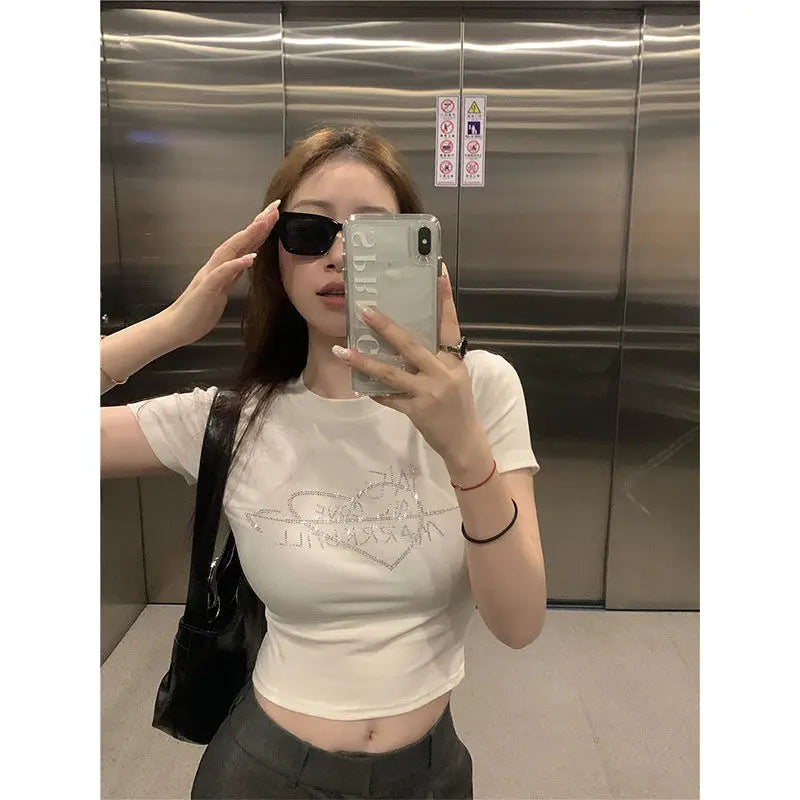 Ropa Mujer Bottoms White Tshirts for Women Diamond Letter Summer Tees Crop Tops Y2k Clothes Casual Fashion T-shirts 49B061