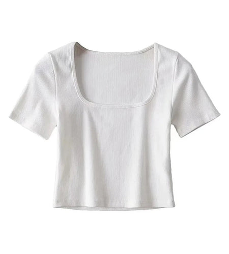 Women Square Neck Rib Crop T-shirt Short Sleeve Crop Top
