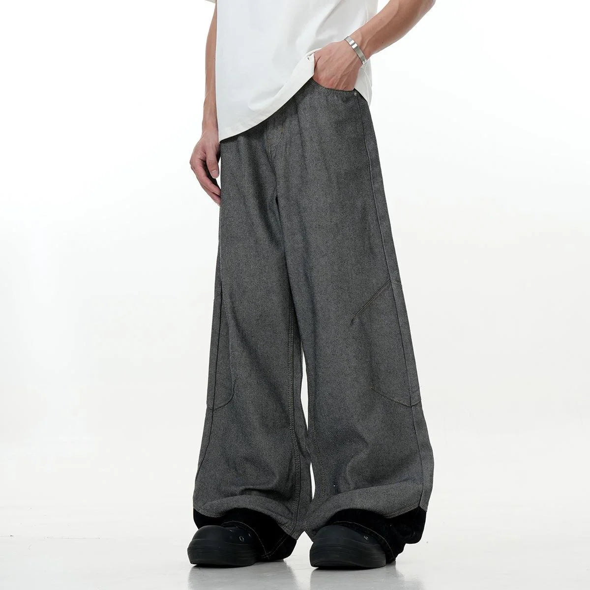 Straight Men's Trousers Worn-out Solid Casual Zipper Multi-pocket Male Wide Leg Denim Pants Vintage 2024 Autumn 9C8844