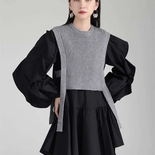 Load image into Gallery viewer, Women Black Knitting Color-block Ruffles Elegant Dress New Round Neck Long Sleeve Fashion Tide Spring Autumn 2025 1DH6758

