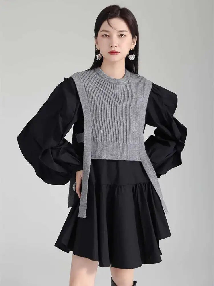 Women Black Knitting Color-block Ruffles Elegant Dress New Round Neck Long Sleeve Fashion Tide Spring Autumn 2025 1DH6758
