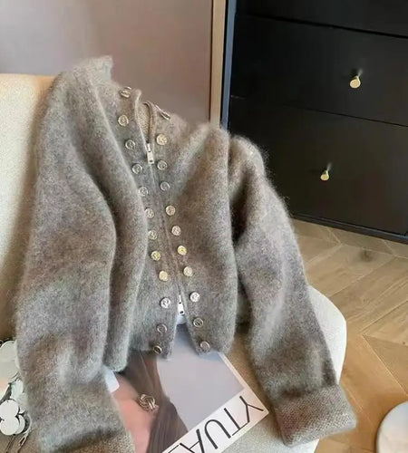 Vintage 2024 New Grey Elegant Double Breasted Stand Collar Zipper Knitted Sweater Women Autumn Winter Long Sleeve Cardigan Tops