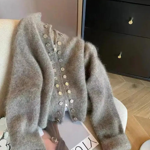 Load image into Gallery viewer, Vintage 2024 New Grey Elegant Double Breasted Stand Collar Zipper Knitted Sweater Women Autumn Winter Long Sleeve Cardigan Tops
