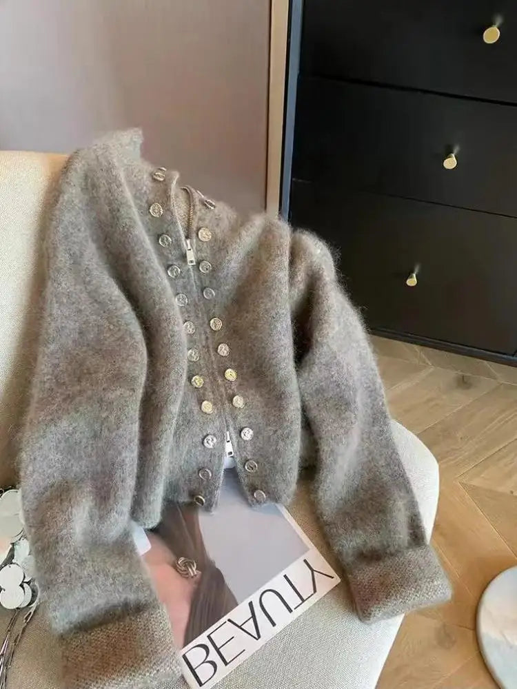 Vintage 2024 New Grey Elegant Double Breasted Stand Collar Zipper Knitted Sweater Women Autumn Winter Long Sleeve Cardigan Tops