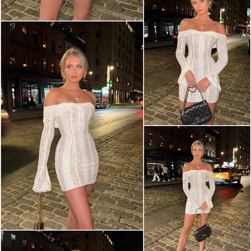 Load image into Gallery viewer, Floral Lace Off-shoulder Maxi Dress For Women White Strapless Backless Long Sleeve Bodycon Club Party Sexy Long Dress
