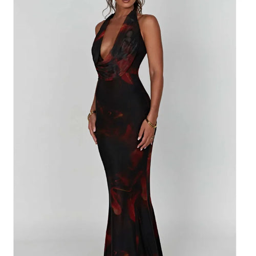 Load image into Gallery viewer, Sexy Sleeveless Deep V Printed Evening Dress For Women 2024Summer Hanging Collar Backless Dress Long Dress Holiday Party
