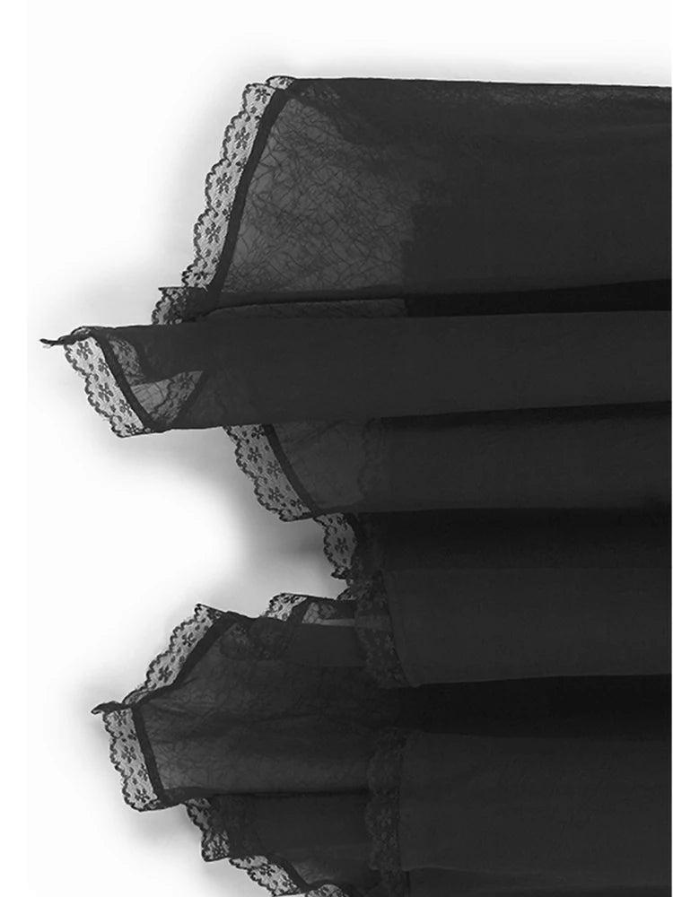 Women Black Flower Pearl Big Size Elegant Lace Midi Dress New V-Neck Short Sleeve Fashion Tide Spring Summer 2025 1DJ1419