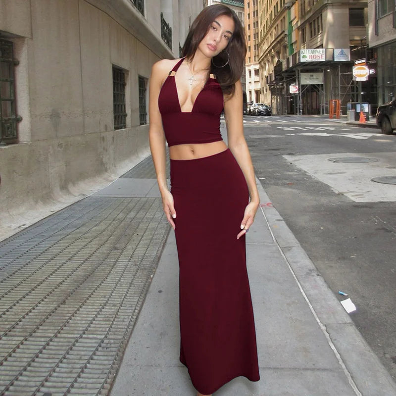 Elegant Summer 2 Piece Sets Women Metal Ring Crop Tops And Maxi Skirt Female Fashion Solid Lace-up Beach Two Piece Sets