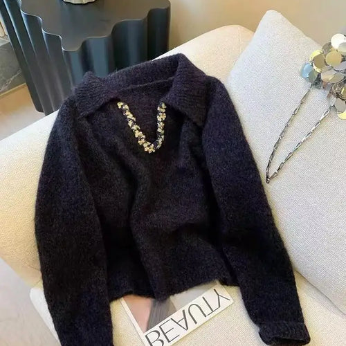 Load image into Gallery viewer, Autumn Winter Black Sequin Long Sleeves Knitted Sweater French Fashion Women's Elegant Lapel Versatile Short Pullover Tops Trend
