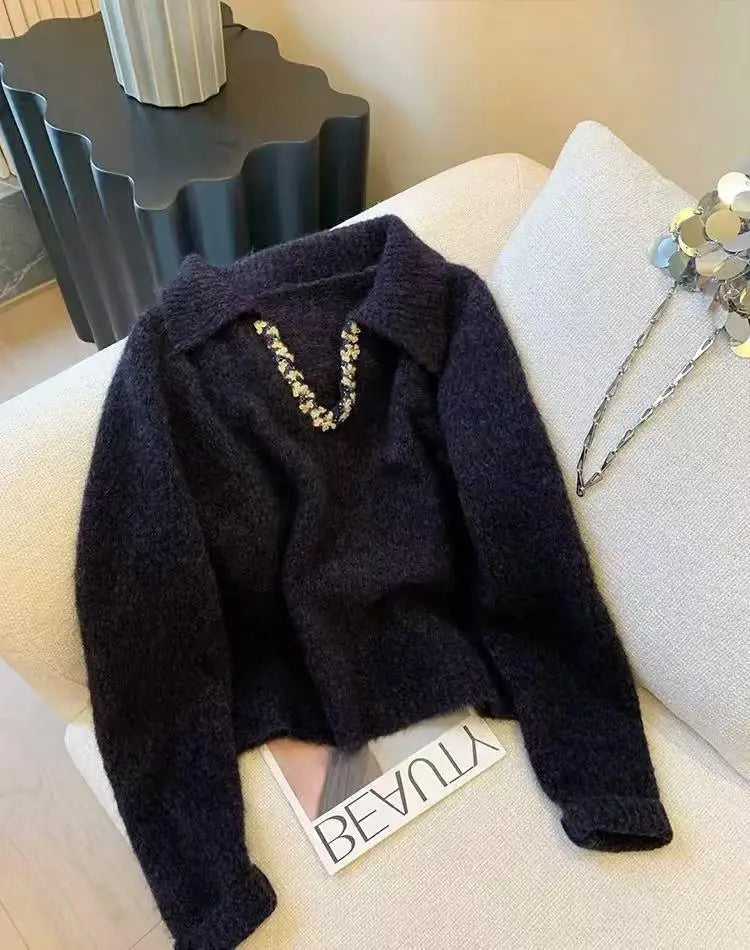 Autumn Winter Black Sequin Long Sleeves Knitted Sweater French Fashion Women's Elegant Lapel Versatile Short Pullover Tops Trend