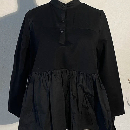 Load image into Gallery viewer, Women Black Pleated Ruffes Irregular Big Size T-shirt New Stand Collar Long Sleeve Fashion Tide Spring Autumn 2025 JQ016
