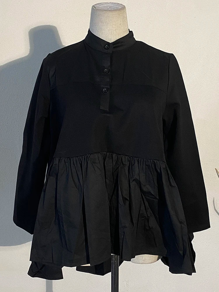Women Black Pleated Ruffes Irregular Big Size T-shirt New Stand Collar Long Sleeve Fashion Tide Spring Autumn 2025 JQ016