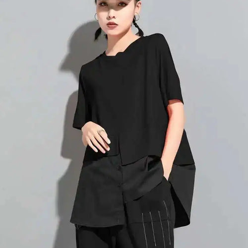 Load image into Gallery viewer, Women Red Color-block Irregular Big Size T-shirt New Round Neck Short Sleeve Fashion Tide Spring Summer  2025 1DF5310
