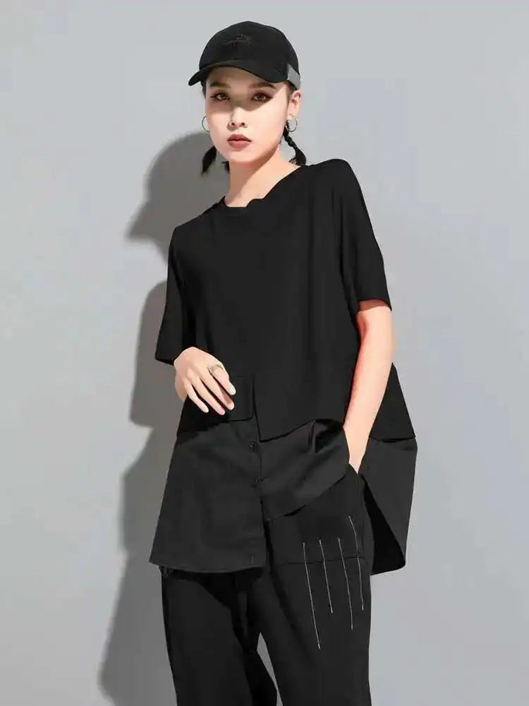 Women Red Color-block Irregular Big Size T-shirt New Round Neck Short Sleeve Fashion Tide Spring Summer  2025 1DF5310