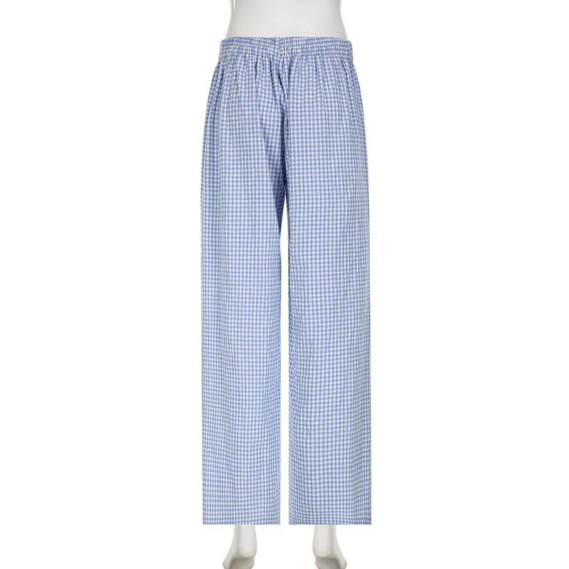 Casual Blue Plaid Pants Women Homewear Korean Fashion Basic Buttons Lace-Up Full Length Trousers Bottoms Straight New