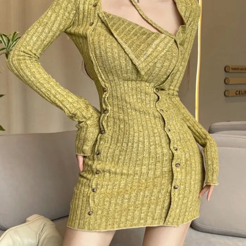 Load image into Gallery viewer, Autumn Halter Knit Knitted Mini Dress Women Sexy Bodycon Split Short Dresses Korean Long Sleeve Slim Fashion
