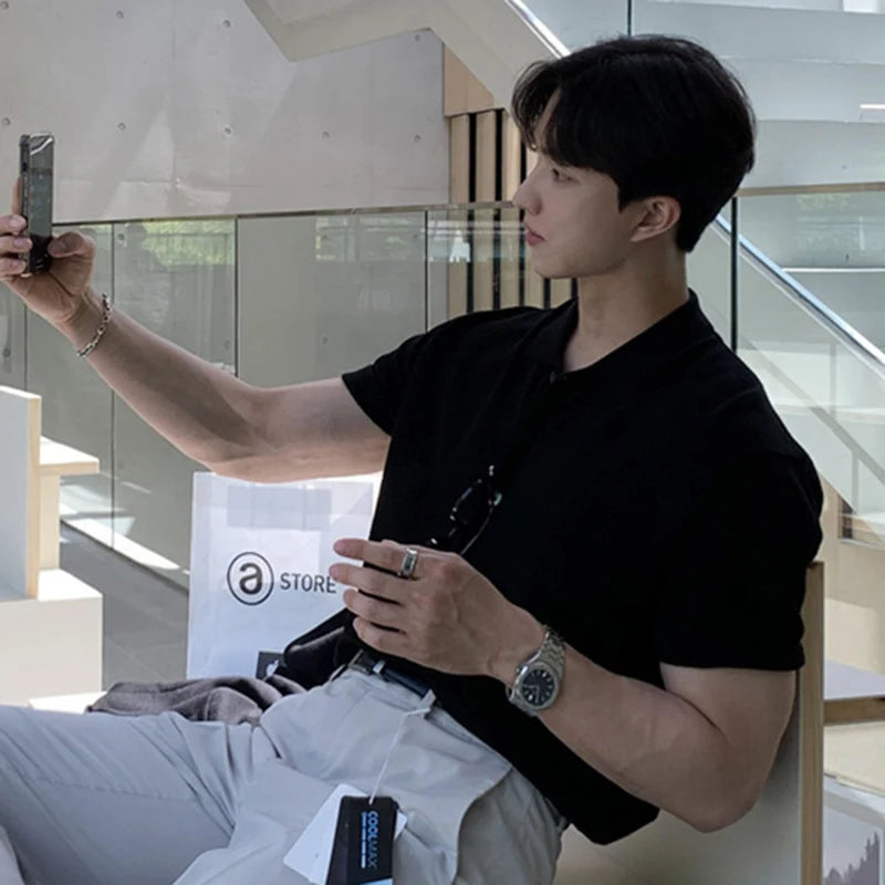 Men's T-shirts Solid Color Turn-down Collar Short Sleeved Single Breasted New Korean Summer Casual Male T-shirt 9W1361