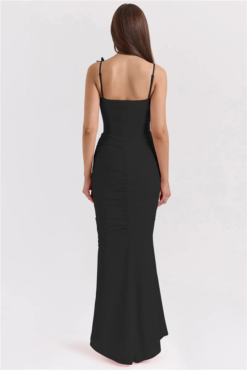 Bow Spaghetti Strap Sexy Maxi Dress For Women Gown Elegant Off-shoulder Sleeveless Backless Evening Club Party Dress