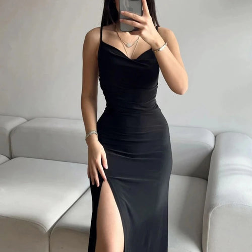 Load image into Gallery viewer, Elegant Solid Swinging Collar Slips Backless Slit Sexy Slim Midi Prom Dress Summer Women Clothes Party Festival
