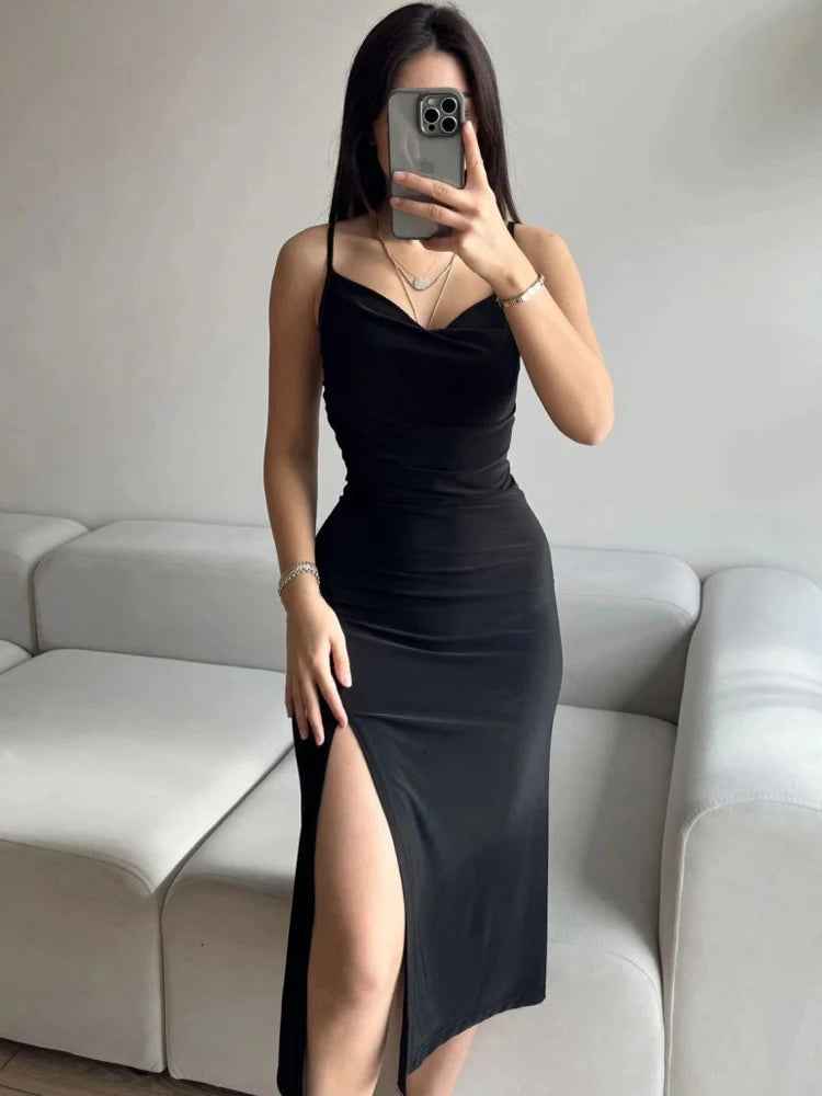 Elegant Solid Swinging Collar Slips Backless Slit Sexy Slim Midi Prom Dress Summer Women Clothes Party Festival