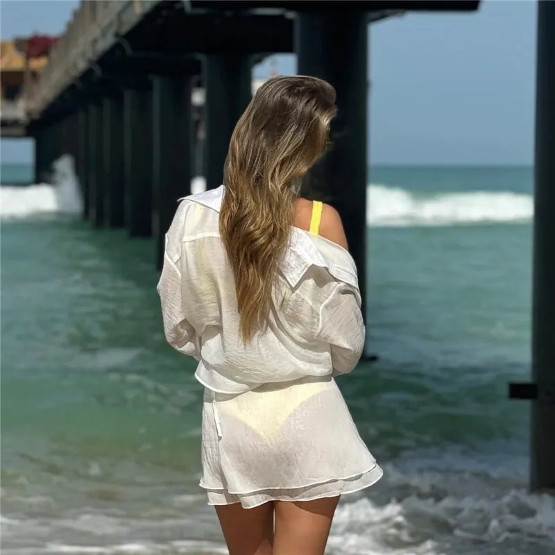 Summer Beach Two Piece Sets Women Long Sleeve Shirt And Mini Skirt Female See Through Loose 2 Piece Set Beachwear