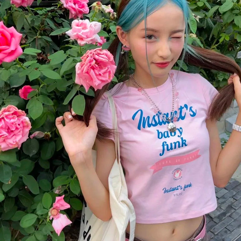 Y2k Aesthetics Pink T-shirt Korean Fashion Designer Clothes Kawaii Slim Crop Top Grunge Letter Print Short Sleeve Tshirt